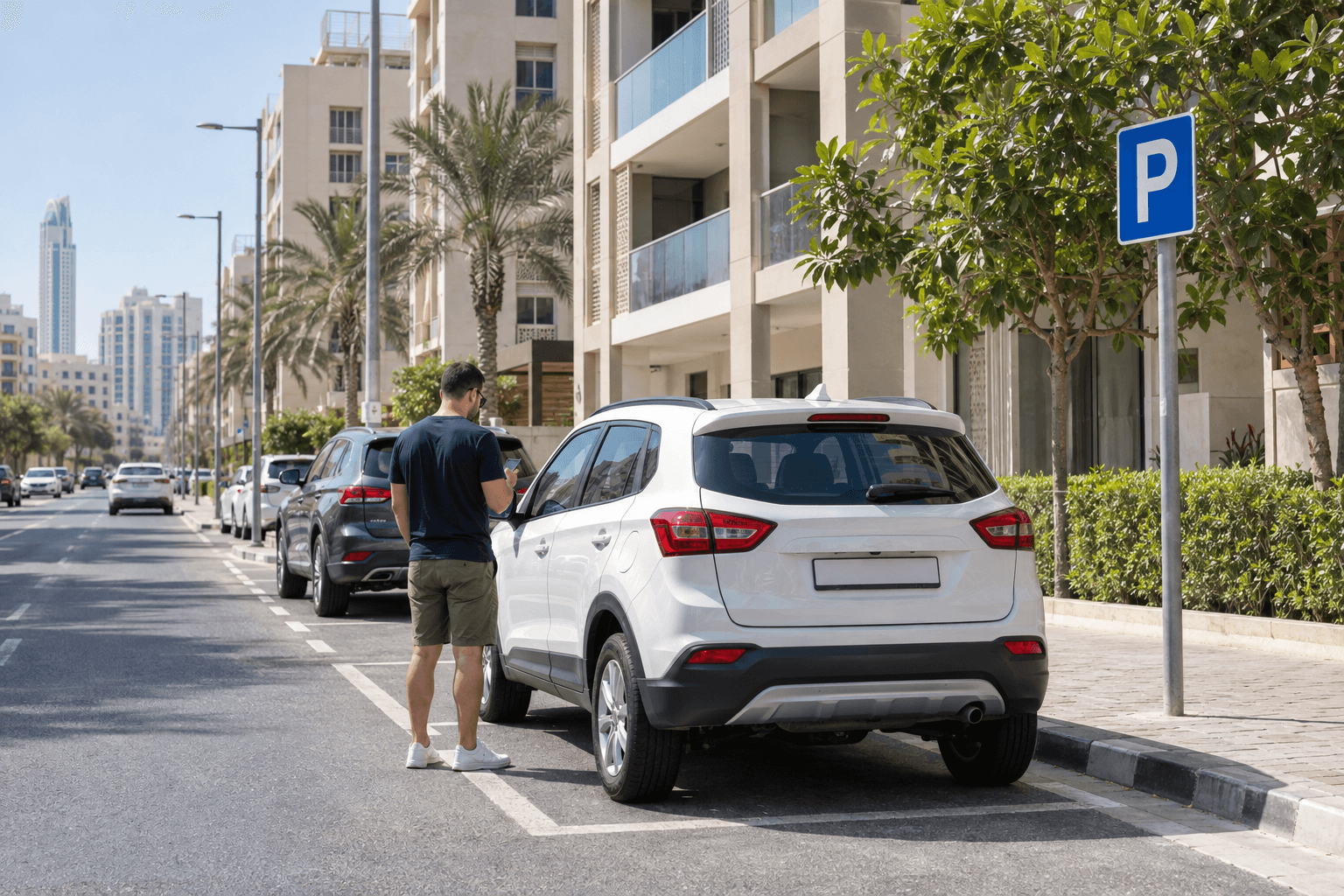 Editorial illustration of a driver checking parking payment beside a compact rental car in Dubai
