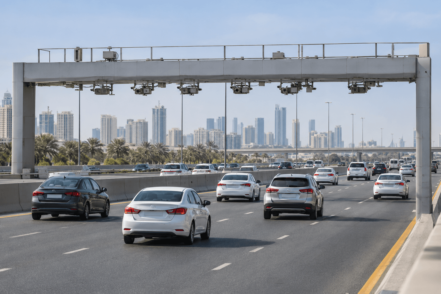 Editorial illustration of everyday cars passing an electronic toll gantry in Dubai